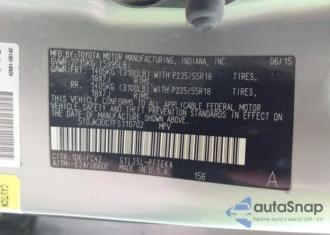 2015 Toyota Sienna Le 7 Passenger z USA, uszkodzony, nr VIN 5TDJK3DC7FS110702